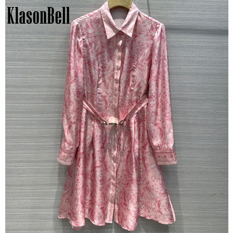 

3.13 KlasonBell 100% Silk Print Holiday Long Sleeve Dress Women Classic With Metal Sashes Hidden Breasted Collect Waist Dress