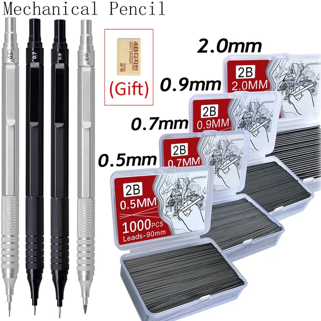Metal Mechanical Pencil Set with 2B Lead Refill Drafting 0.5 0.7 0.9 2.0 MM Automatic Pencil For School Writing Art Supplies 1