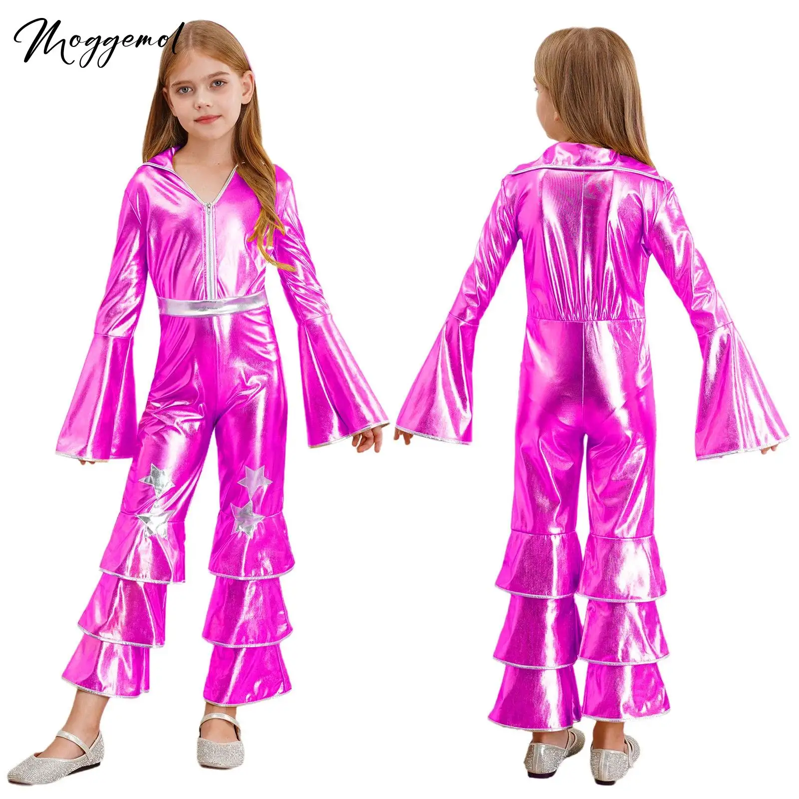 Kids Girls Shiny Metallic 70s Hippie Costume Latin Jazz Dance
