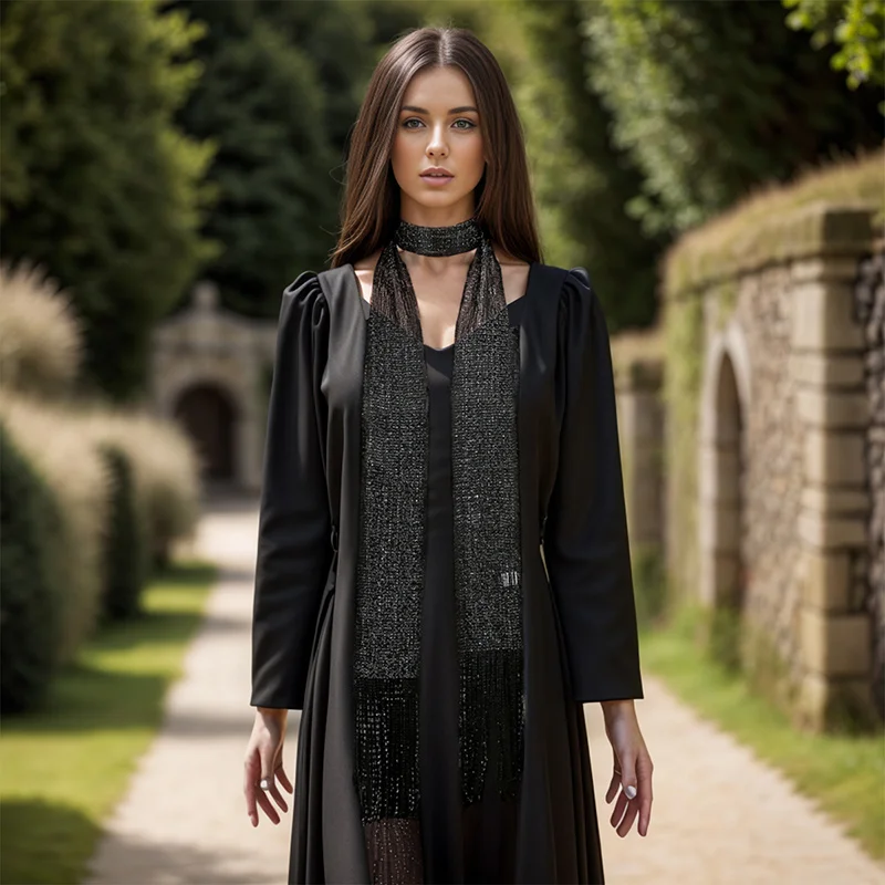 Neue Mode Gold Silber Glänzenden Schal Dünne Licht Solide Quasten Lange Schal Seide Gefühl Spitze Frauen Halskette Party Abendkleid – Detail 4