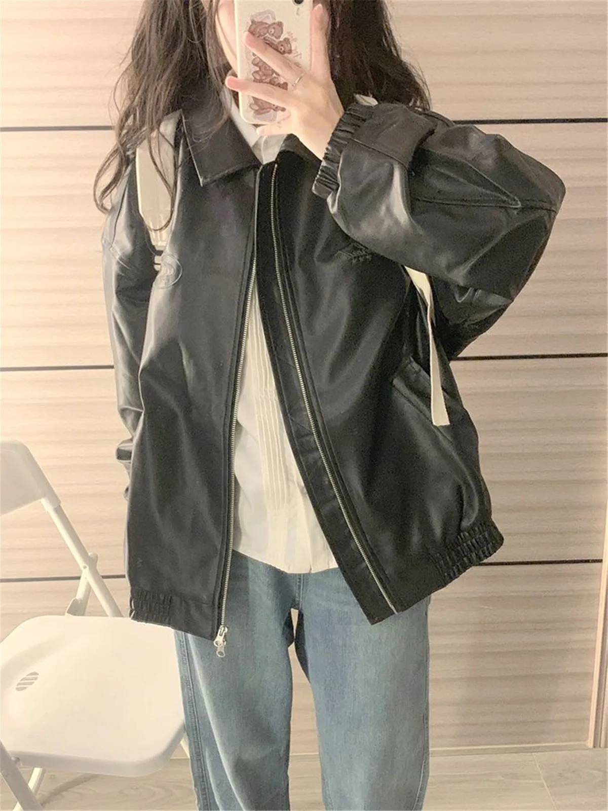 

Black Solid PU Jacket Women Harajuku Kpop Jacket Loose Hip Hop Tops Autumn Hooded Sweatshirt Zip Up Hoodie Streetwear Femme