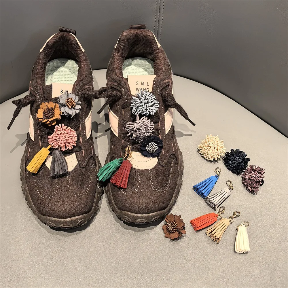 Autumn Winter Maillard Tassel Pendant Shoe Charms Leather Flower Shoelace Buckle Sports Shoe Decoration Accessory Buckle 1Pcs