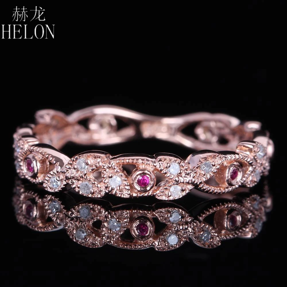 

HELON Solid 14K Rose Gold AU585 Natural Diamonds Pink sapphire Gemstone Engagement Ring Women Diamonds Fine Jewelry Band