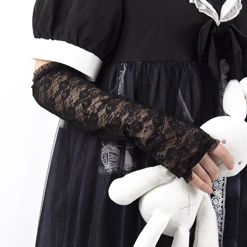 Long Lace Gloves Gothic Lolita Anime Solid Thin Gloves JK Girls Mittens Oversleeve Women Fashion Sun Block Cuff Fingerless Glove
