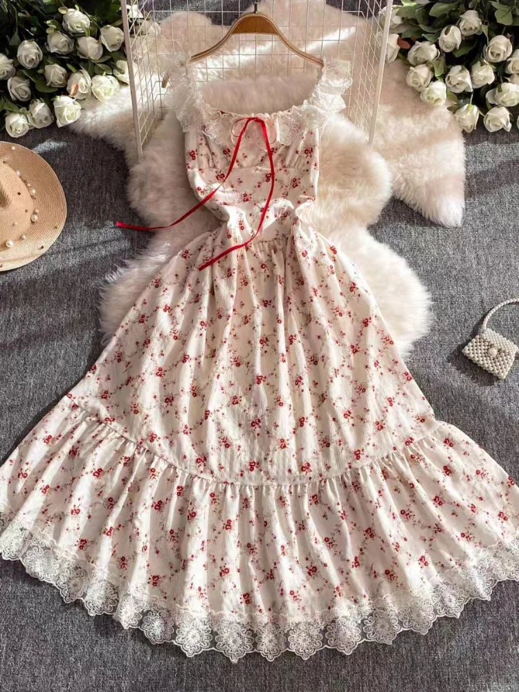 France Warm Lace Print Sling Dress Women Design Sweet Elegant Bow