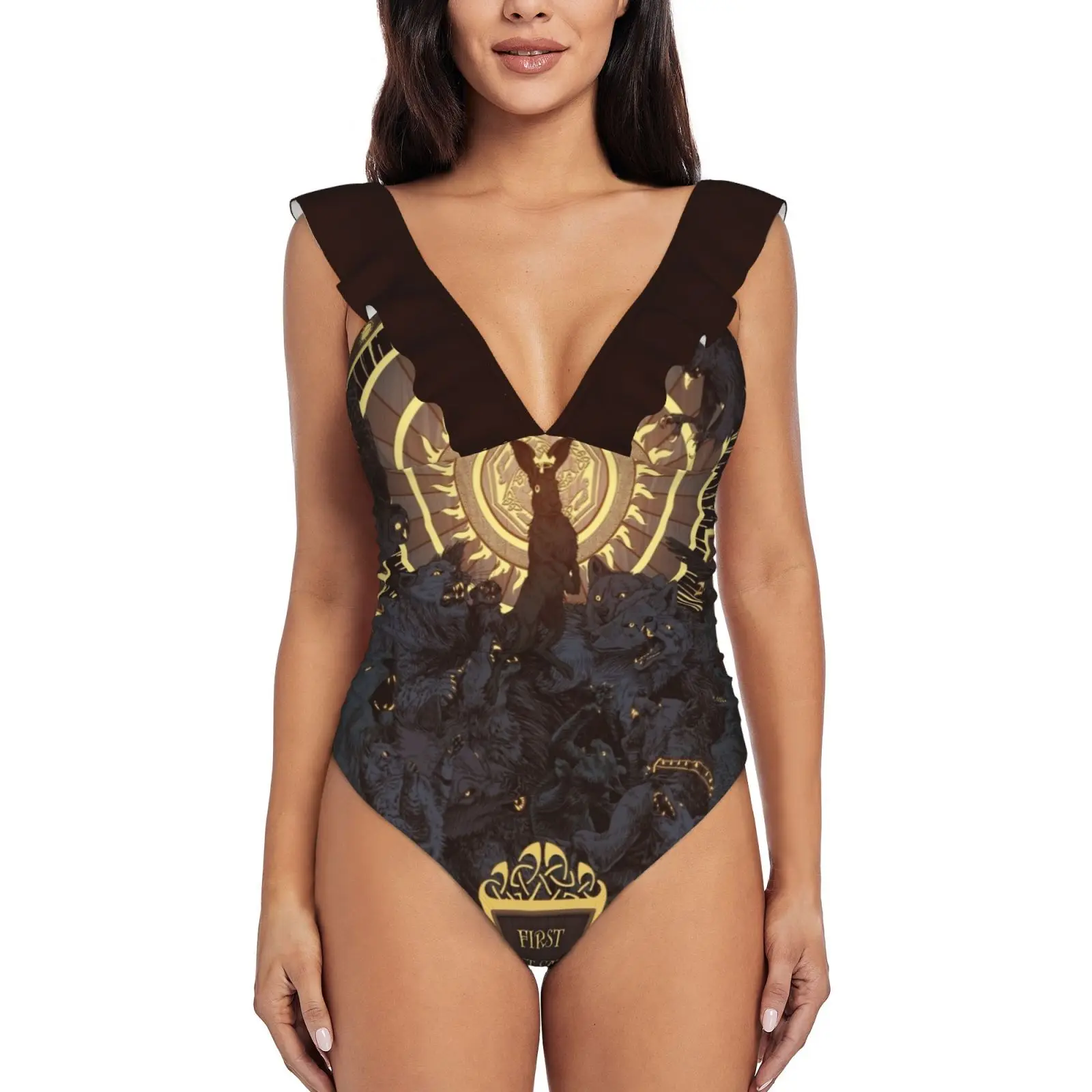 

First They Must Catch You Sexy One Piece Swimsuit Women Ruffled Swimwear Women Print Monokini Female Beachwear Newwatershipdown