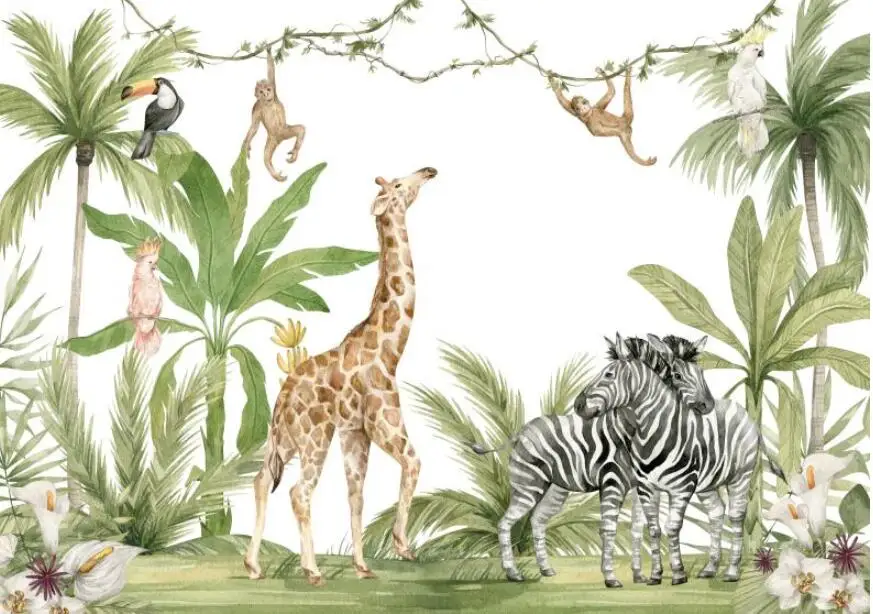 custom watercolor jungle nursery 3d wallpaper wall mural Children\'s room animal Wallpaper sticker art decorate