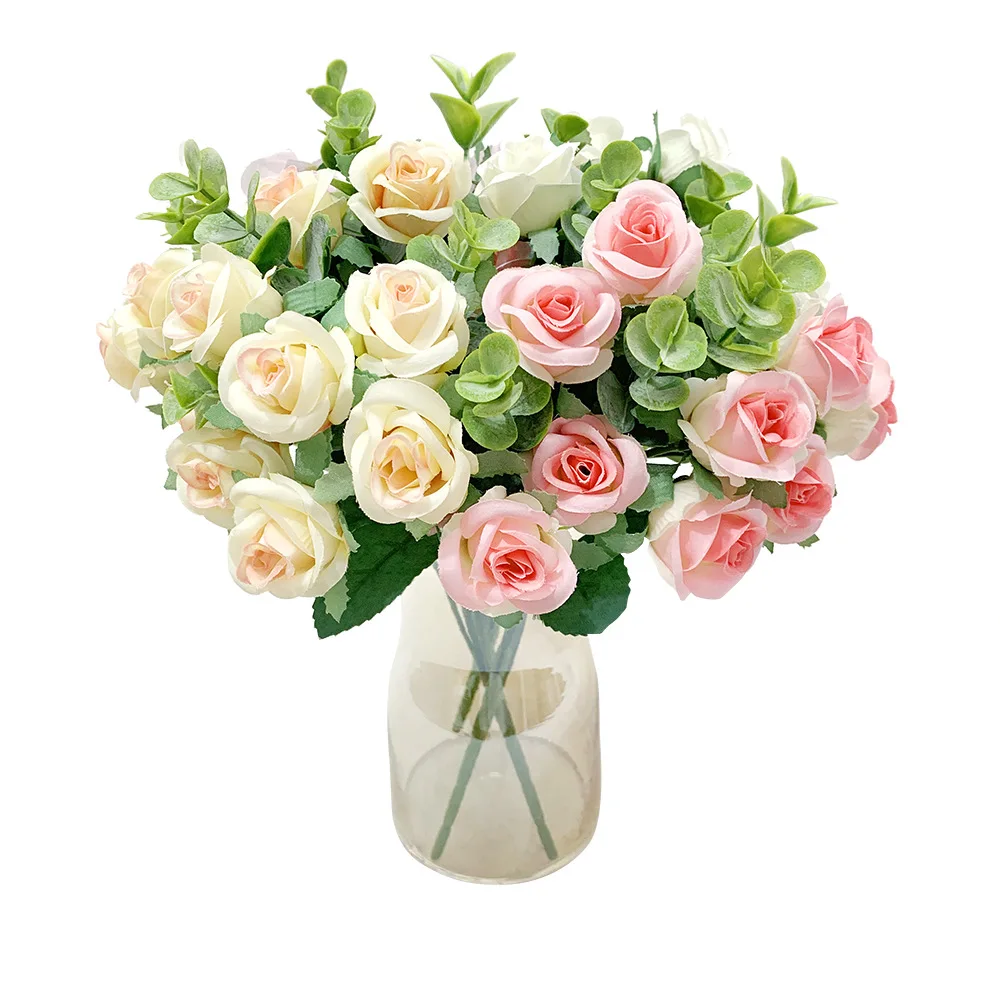 11 Heads Artificial Flower Silk Rose Eucalyptus leaves  Bouquet Fake Flower for Wedding Table Party Vase Home Decor