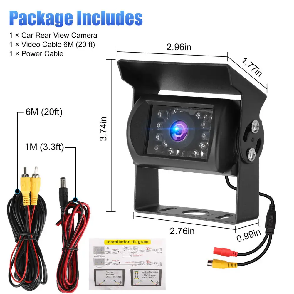 트럭 후방 보기 백업 카메라, 버스 트럭 밴 RV용 범용, 헤비 듀티 18 LED, CCD 고화질 IP68 방수, 12V-24V