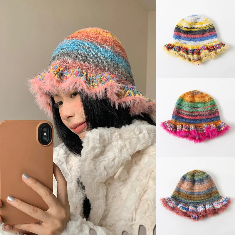 

Women Ruffle Hem Warm Hat Striped Oil Painting Woolen Hat Gradient Contrast Plush Knitted Cap Retro Rainbow Ear Protector Beanie