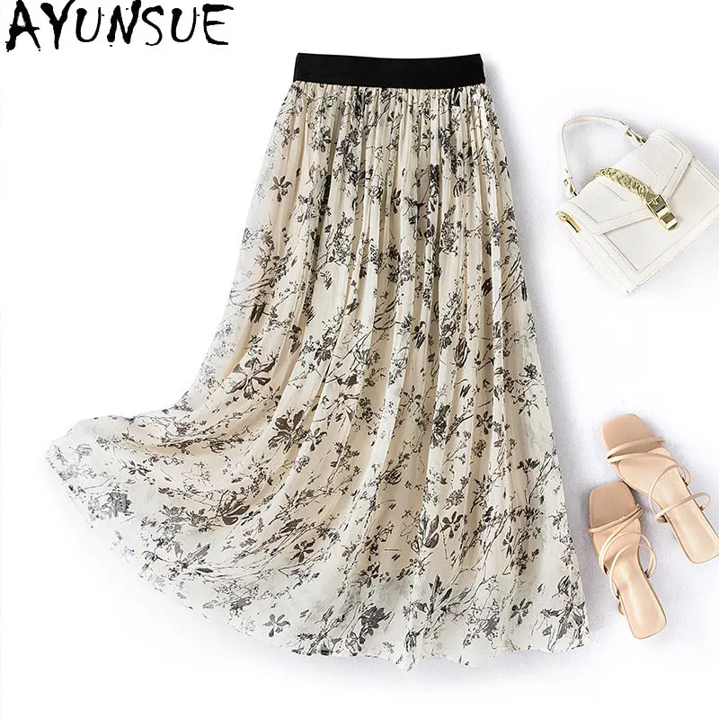 

95% Mulberry Real Silk Skirt for Women's Clothing Long Skirt Slim Thin Temperament Elastic Waist Skirt Fashion Floral Jupe Femme