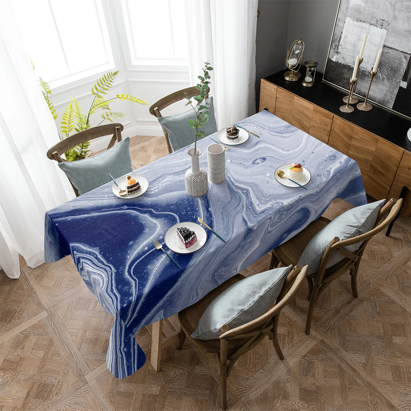 

Водонепроницаемая темно-синяя скатерть с мраморной текстурой, декоративные принадлежности, прямоугольная скатерть для кухонного стола, декор для стола