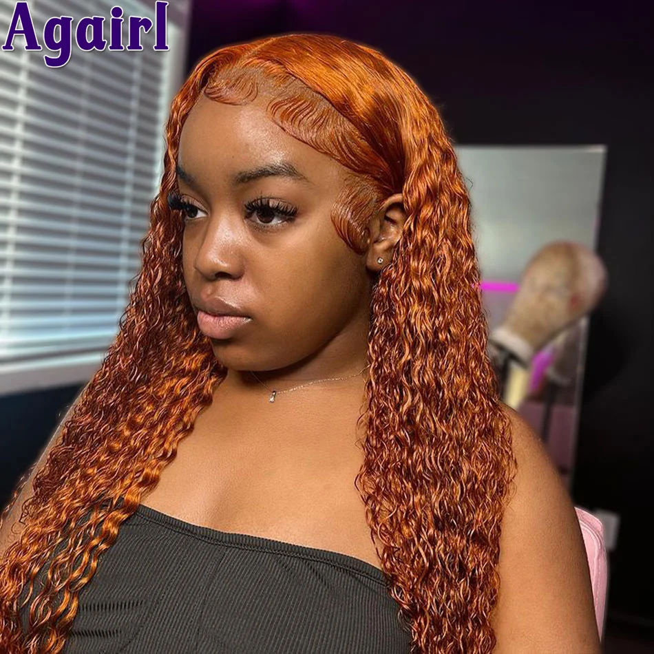 

13X6 Orange Ginger Curly Human Hair Wigs Glueless 13x4 Lace Frontal Wig PrePlucked Water Wave Transparent 6X4 Lace Wig For Women