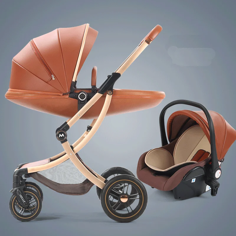 New Luxury Baby Stroller 3 In 1,Baby Carriage with Car Seat,Eggshell Newborn Baby Stroller Leather Baby Carriage High Landscape
