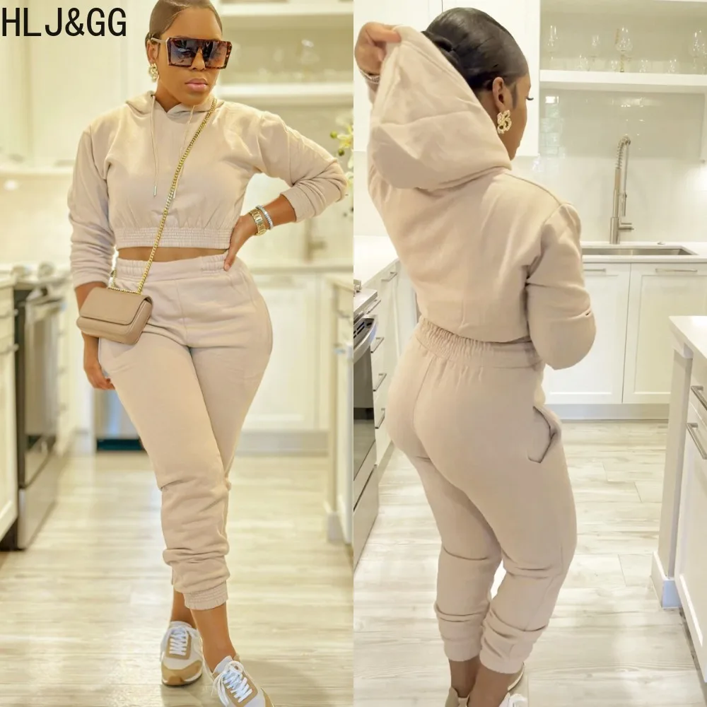 HLJ&GG Khaki Winter Women Hooded Tracksuits Casual Long Sleeve Crop Top + Jogger Pants Two Piece Sets Female Solid 2pcs Outfits tesco office suit for women blazer wide leg pants khaki green pantsuit formal sets for professional women temperament 2 p