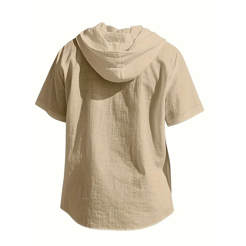 Cotton Linen Shirt Hooded Short Sleeve