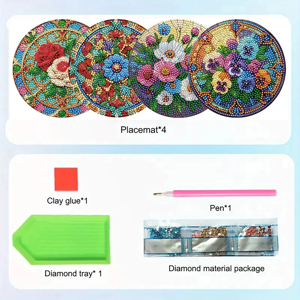 Diamond Crafts Projects Flowers Round Diamond Painting Table Mats Rhinestone Anti-slip Placemat for Home Decor