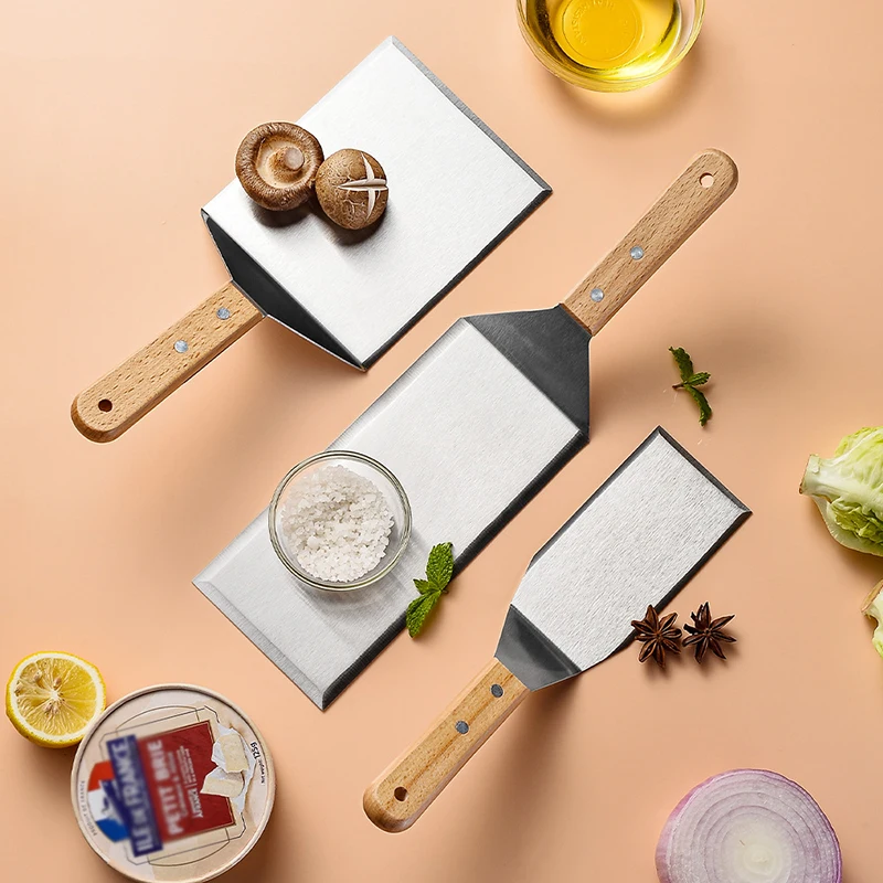Stainless Steel Spatula, Hamburger Turner, Perforated Cooking Griddle Shovel, BBQ Fork with Wooden Handle, Cooking Barbecue Tool
