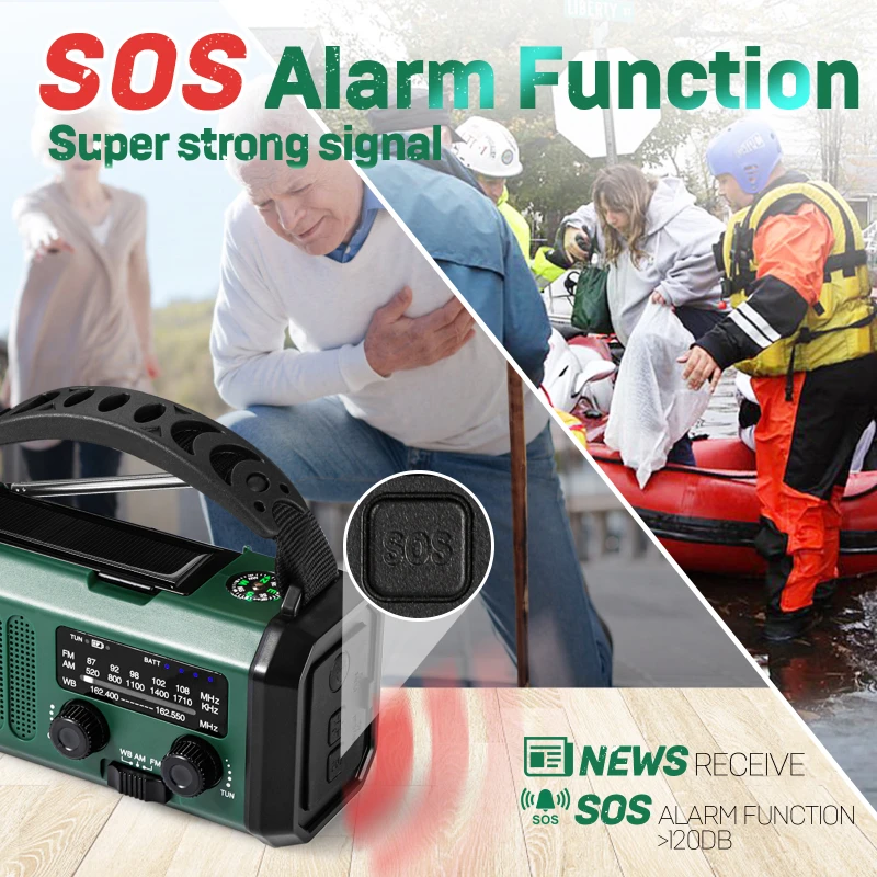 Portable Multifunctional Emergency Radio FM/AM/WB Weather Radio Solar Powered Charging Hand Cranked 10000mah Polymer