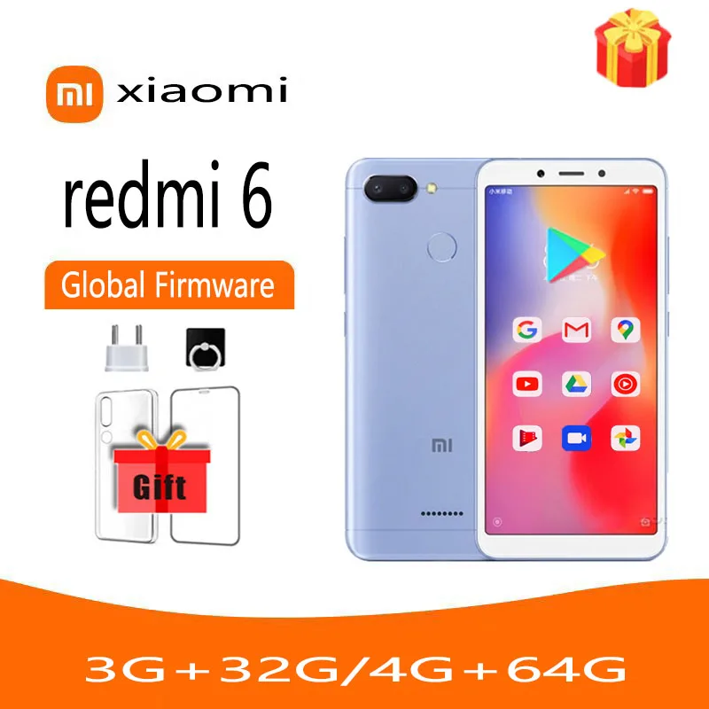 

Global firmware Xiaomi Redmi 6 Smartphone 4G 64G Google Play 5.45 "Full Screen, Mobile Phone, AI Face, 3GB, 32GB