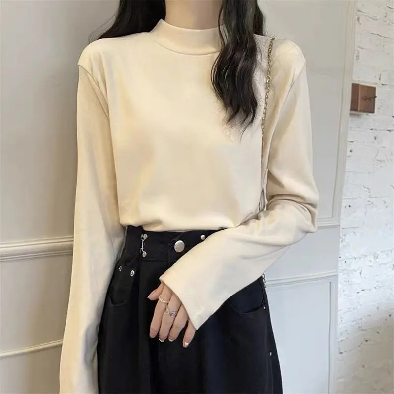 

2023 Chic Long Sleeve Thick Tshirt Women Autumn Winter Solid Half Turtleneck Warm T-Shirt Korean Basic Slim Pullover Tops Female