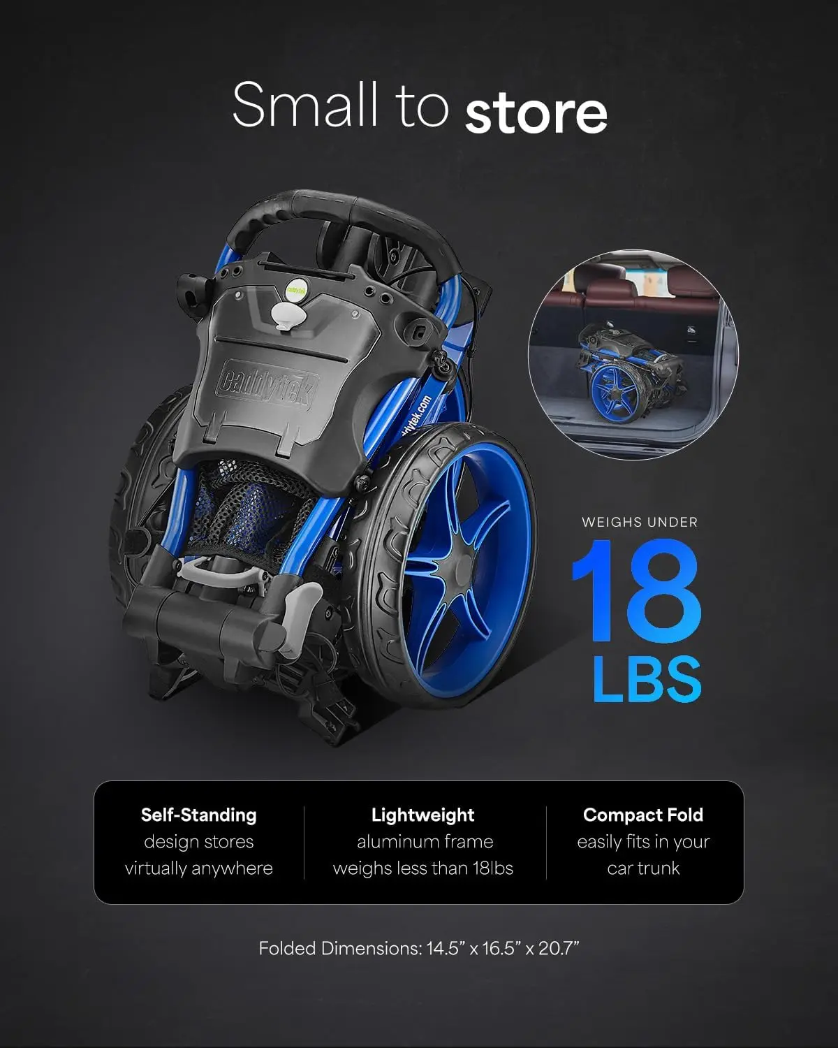 Compact 3 Wheel Golf Push Cart, One Click Folding Design, Smallest Folded Footprint, 32" Wide Wheelbase with