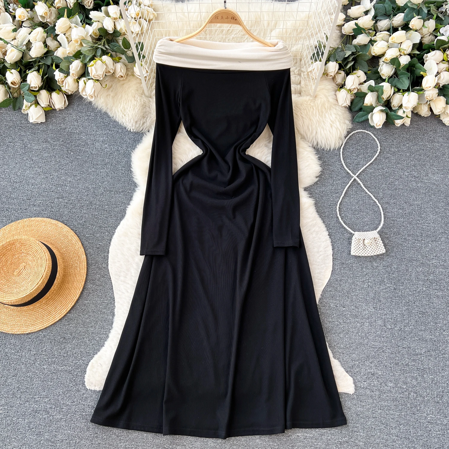 

New Off-the-shoulder long sleeve dress women's high waist temperament evening dress
