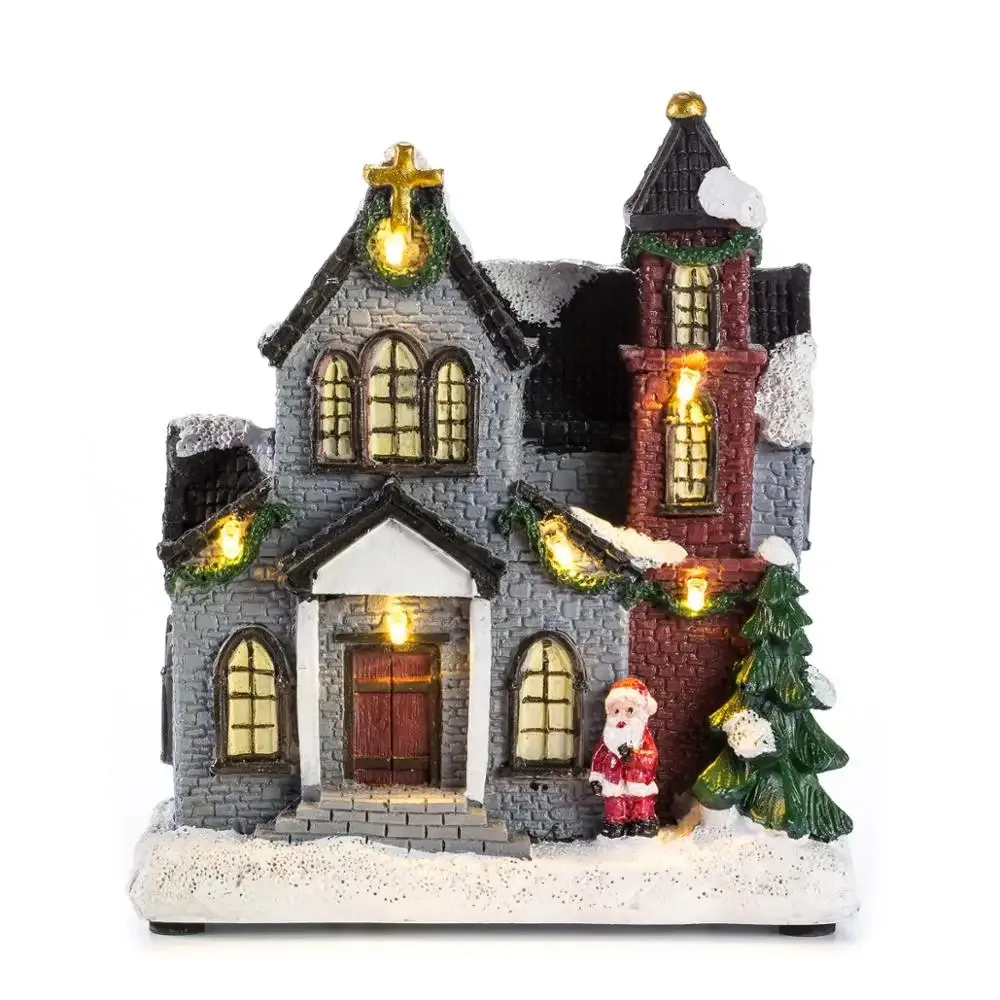 ResinChristmasChurchVillageLitHousesLEDLightedCollectible