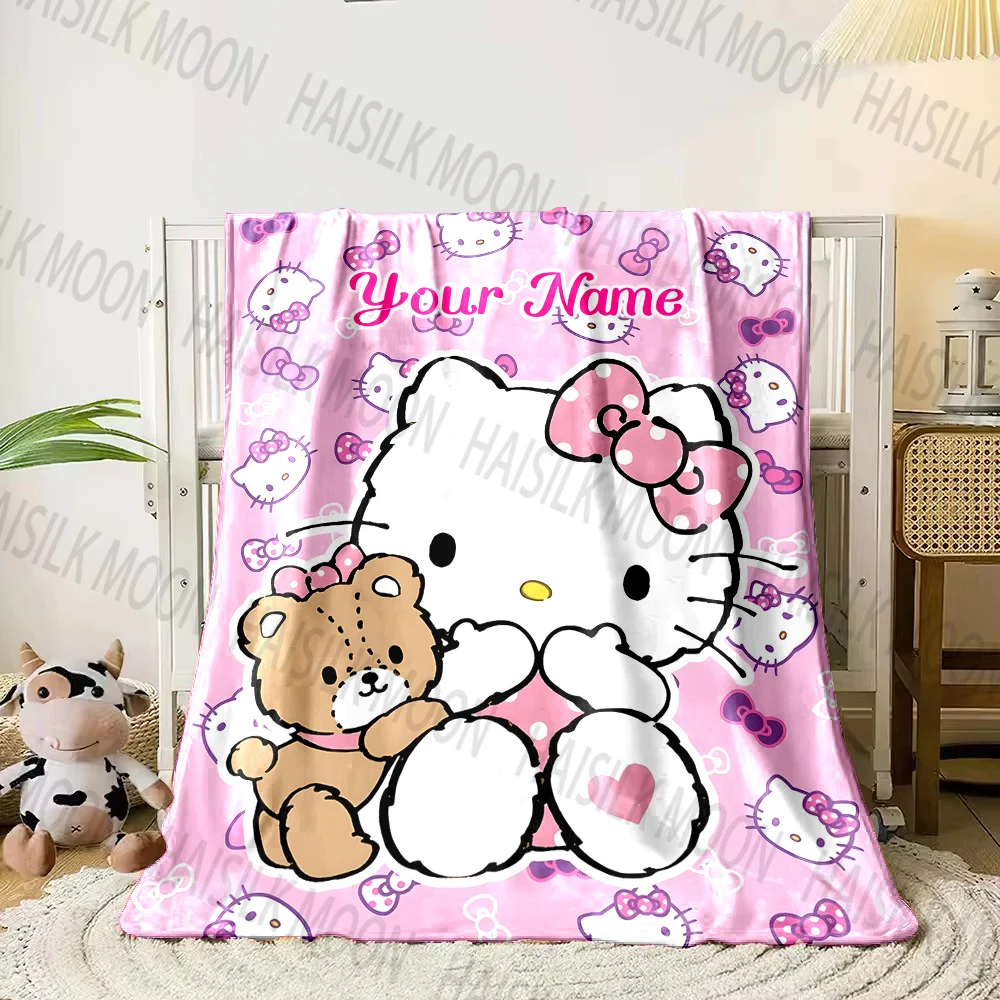 (Memo U Name) 1PC Hello Kitty Printed Blanket Can Be Custom with Name, Soft and Warm, Suitable for Home, Office, Camping,Car