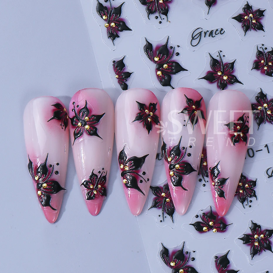 2pcs Hibiscus Flower Nail Art Sticker 3D Floral Textured Decal Y2K Gradient Petal DIY Romantic Self-Adhesive Manicure Decoration