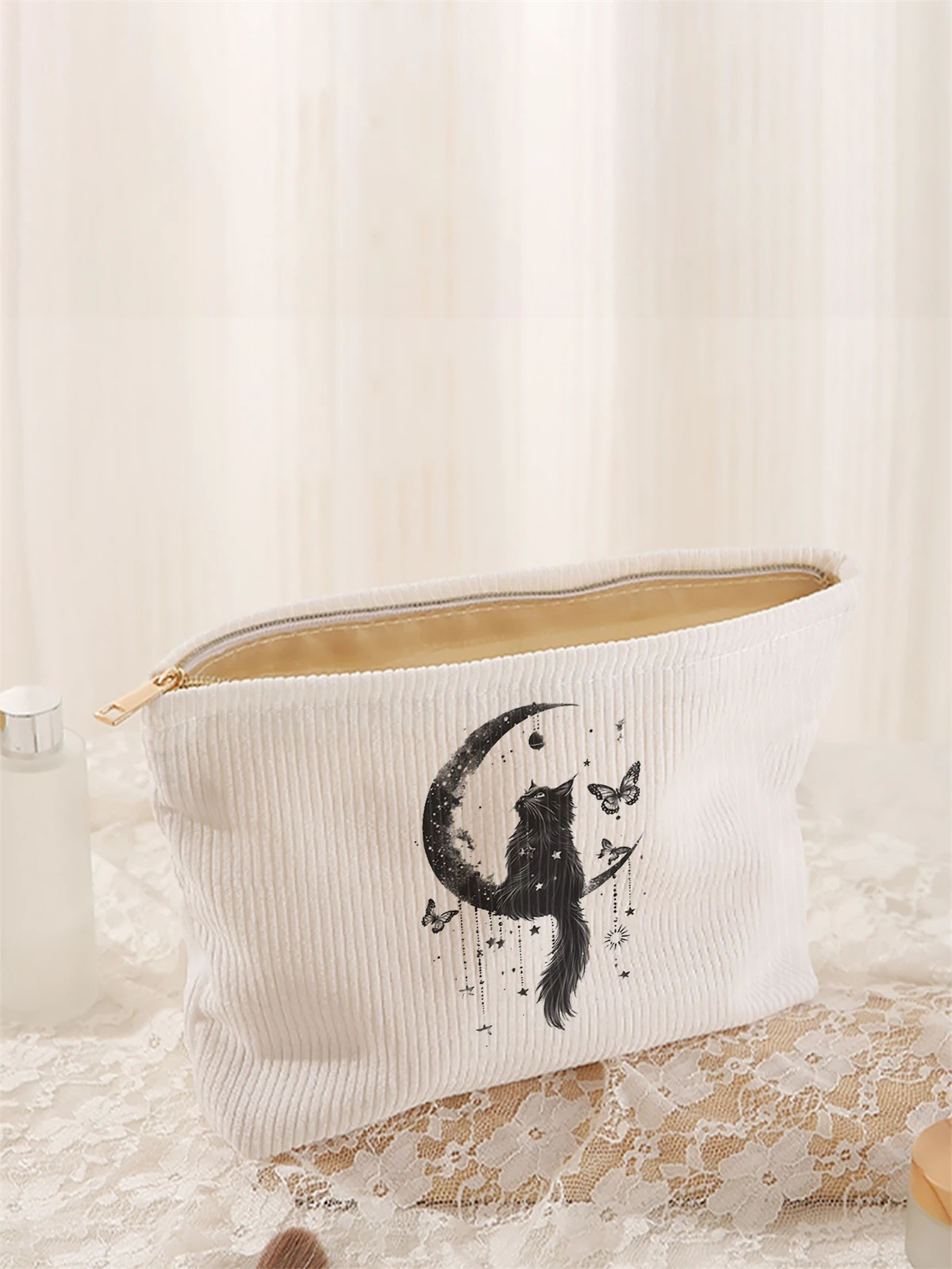 1 black cat pattern printed corduroy makeup bag, lightweight zipper makeup storage box, multifunctional bag with lining