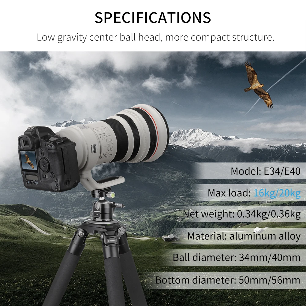 E34/E40 Low Profile Tripod Ball Head Panoramic U Notch CNC Camera Tripod Head for Monopod DSLR Camera Extra Quick Release Plate