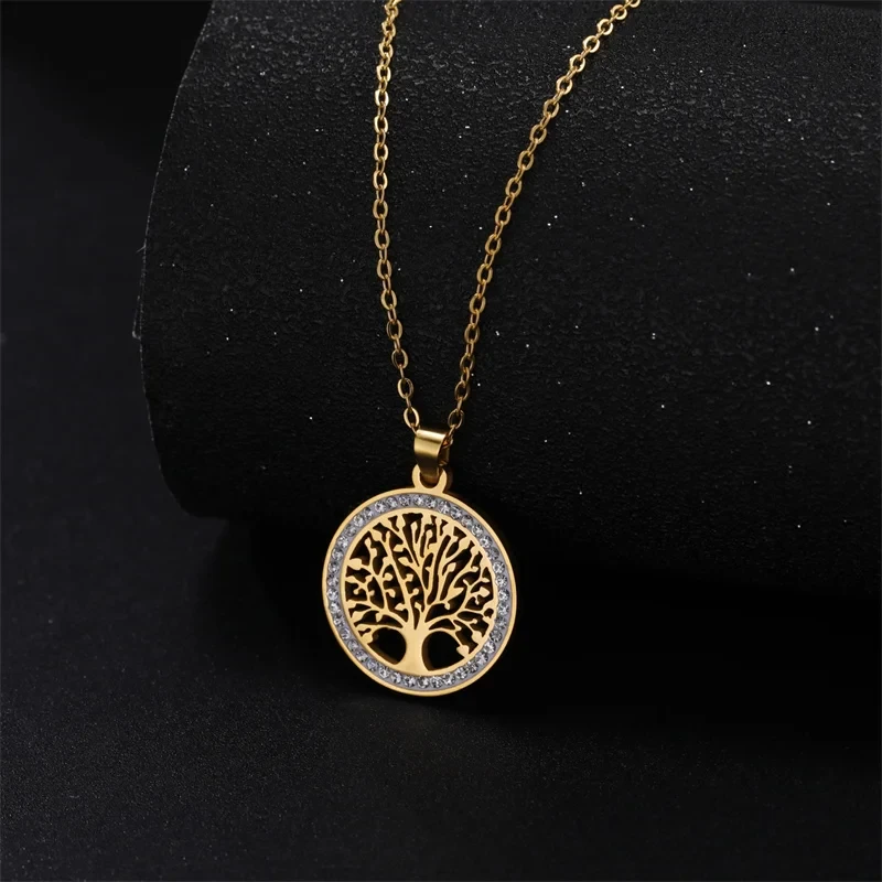 Trendy Edelstahl Strass Baum des Lebens Anhänger Halskette Für Frauen Charme Sommer Schlüsselbein Kette Schmuck Colgantes Cadena