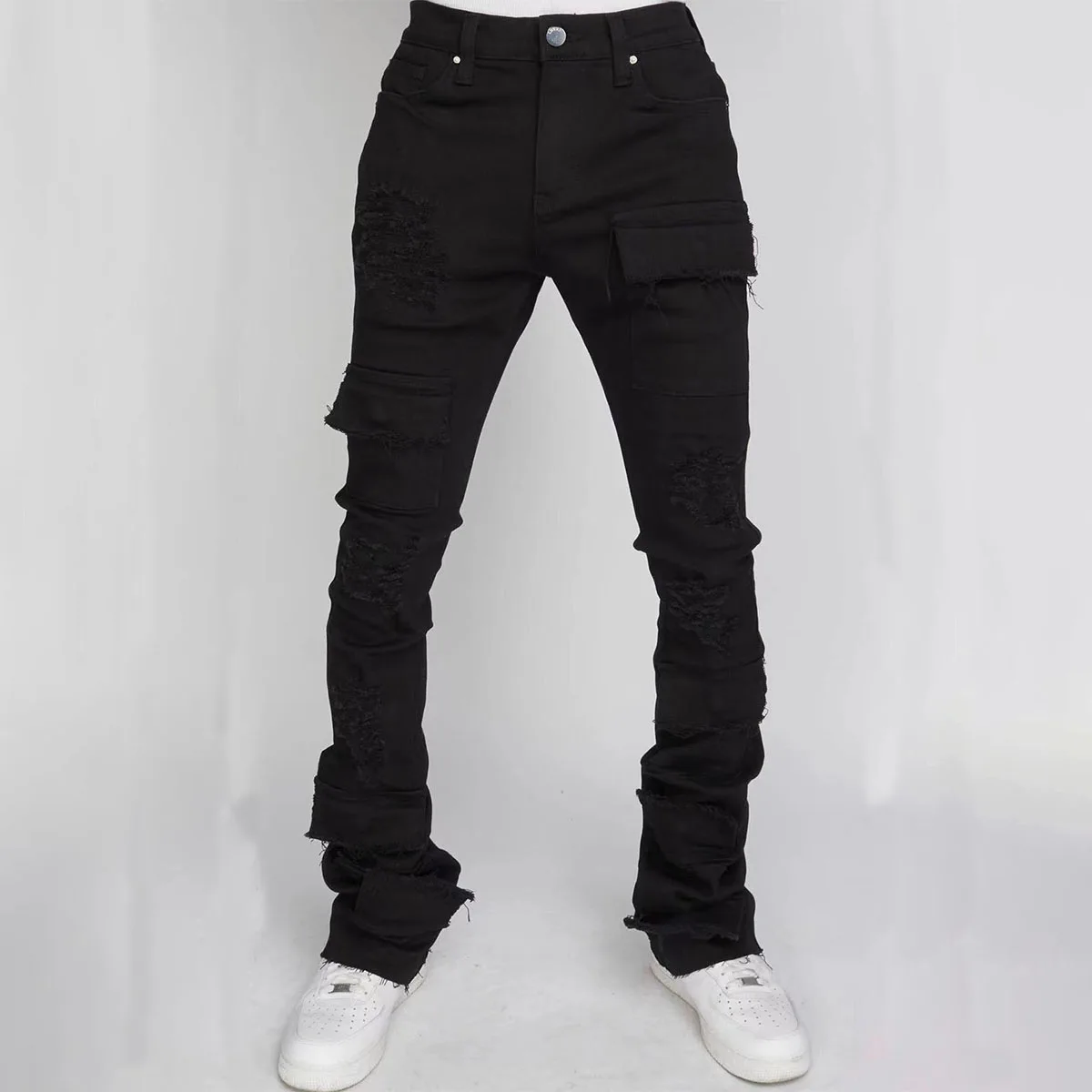 American Ripped Stretchy Men's Stacked Jeans Destroyed Wash Tear Cargo Pants Frayed Hem Muti-pockets Denim Trousers men jeans ripped jeans ripped patchwork jeans