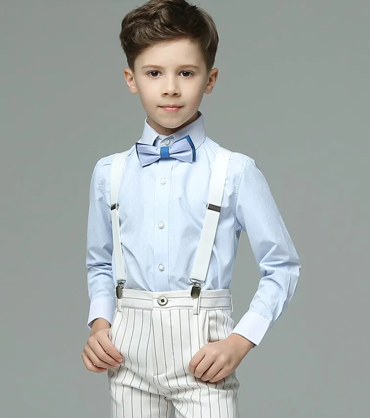 

Boys Summer Wedding Suit Kids Shirt Suspender Shorts Bowtie 4PCS Formal Suit Child Party Costume Teenager White School Uniform