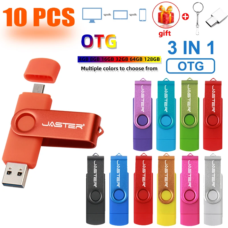 thumbnail image 1 of JASTER 10 PCS LOTE Pen Drive 128GB 3 EN 1 Memoria USB 64GB Llavero USB Flash Drive 32GB Adaptador TIPO C Gratis Memory Stick Regalo, 1 of 5