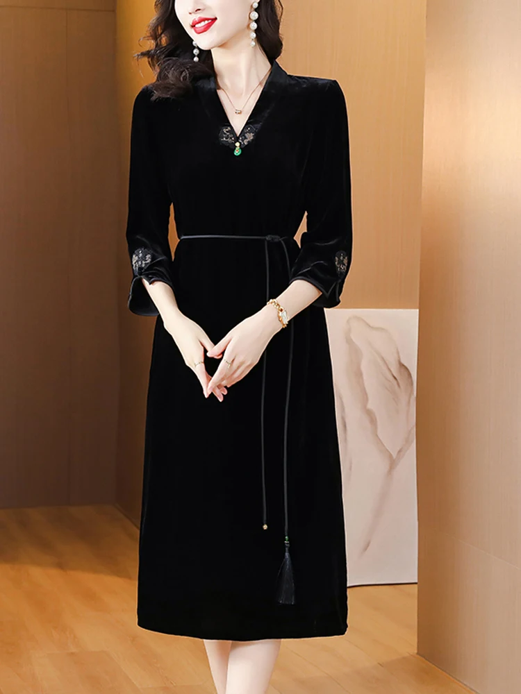 

Женское платье с длинным рукавом NYFS, свободное винтажное бархатное шелковое платье с вышивкой, осень 2023