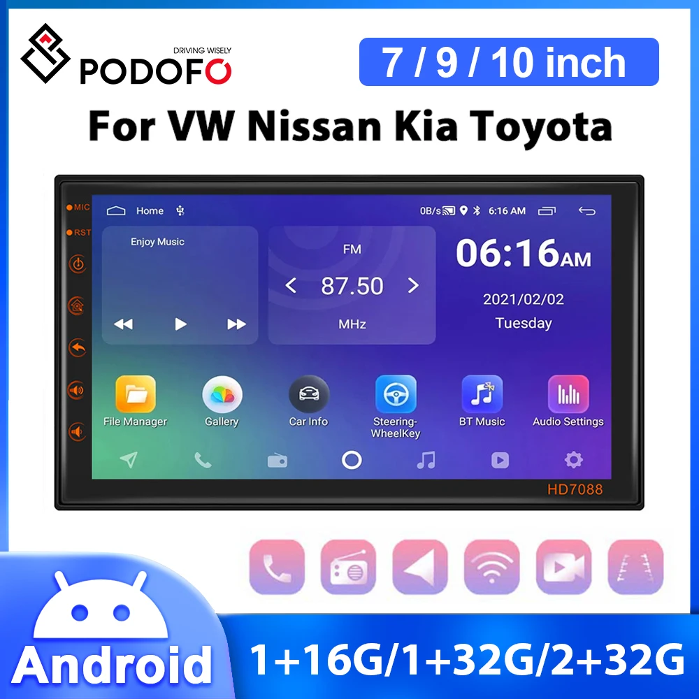 Podofo 2din Car Radio 7" 9" 10" Android Multimedia Video Player GPS Recorder For Volkswagen Nissan Kia Toyota Stereo Receiver