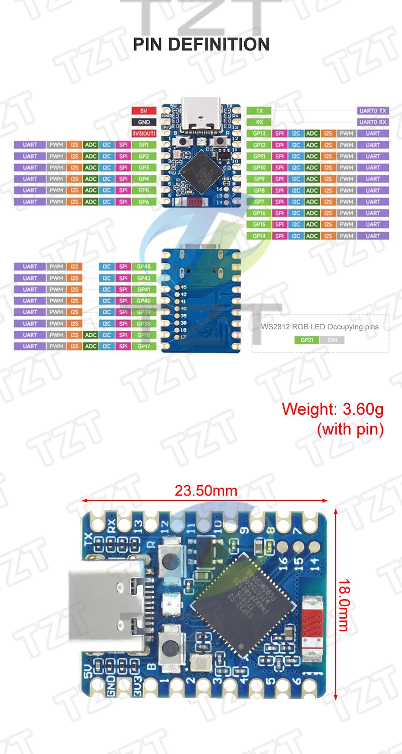 1/3/5 Stück ESP32-S3-Zero ESP32-C3-Zero Mini-Entwicklungsboard TZT WiFi+Bluetooth Ultra-kompakte Größe ESP32-S3-FH4R2 C3 Supermini – Detail 6