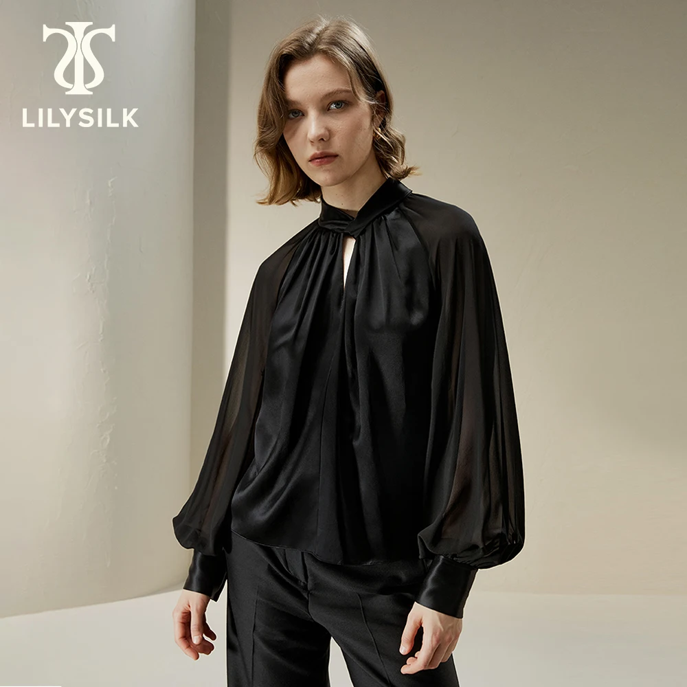 LILYSILK Silk Blouse for Women 2023 Fall New 22 Momme Semi-Sheer Sleeves Hollow Out Top Traf Outfits Free Shipping