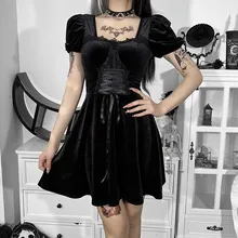 

Goth Women Mini Dress Grunge Harajuku Sexy Corset Short Dresses Lace-Up Bandage Party Puff Sleeve Black Lace Bowknot Darkness