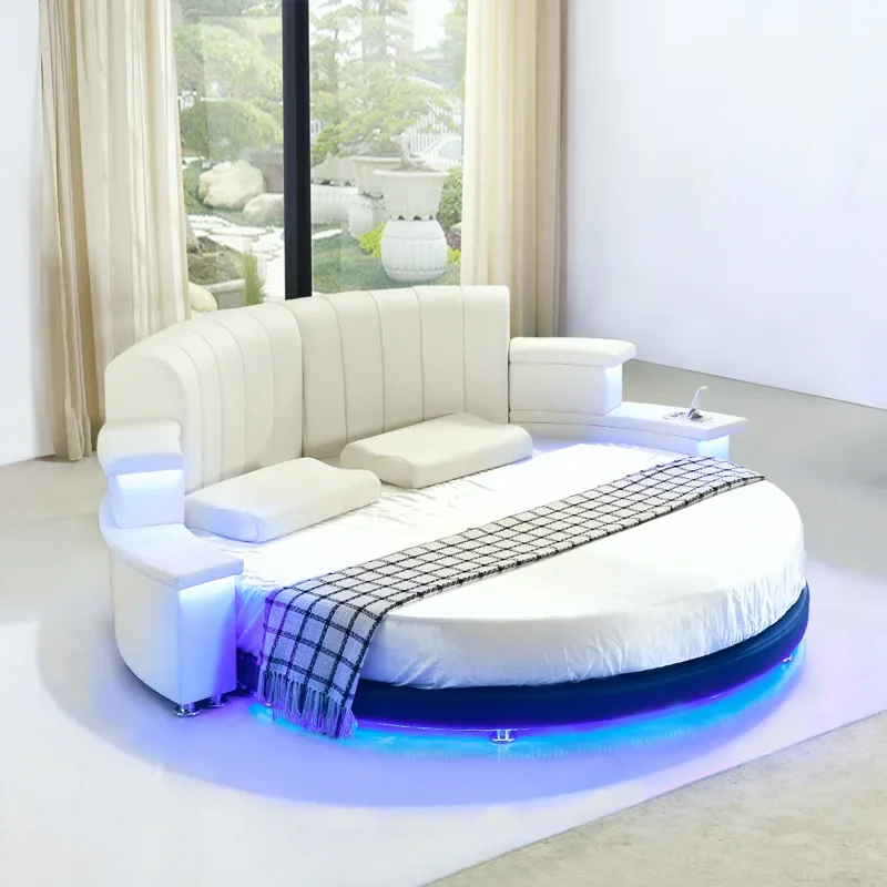 Echtes Leder Multifunzionale Runde Bett Rahmen Nordic Camas Ultimative Bett Mit Led Licht Bluetooth Lautsprecher Iphone