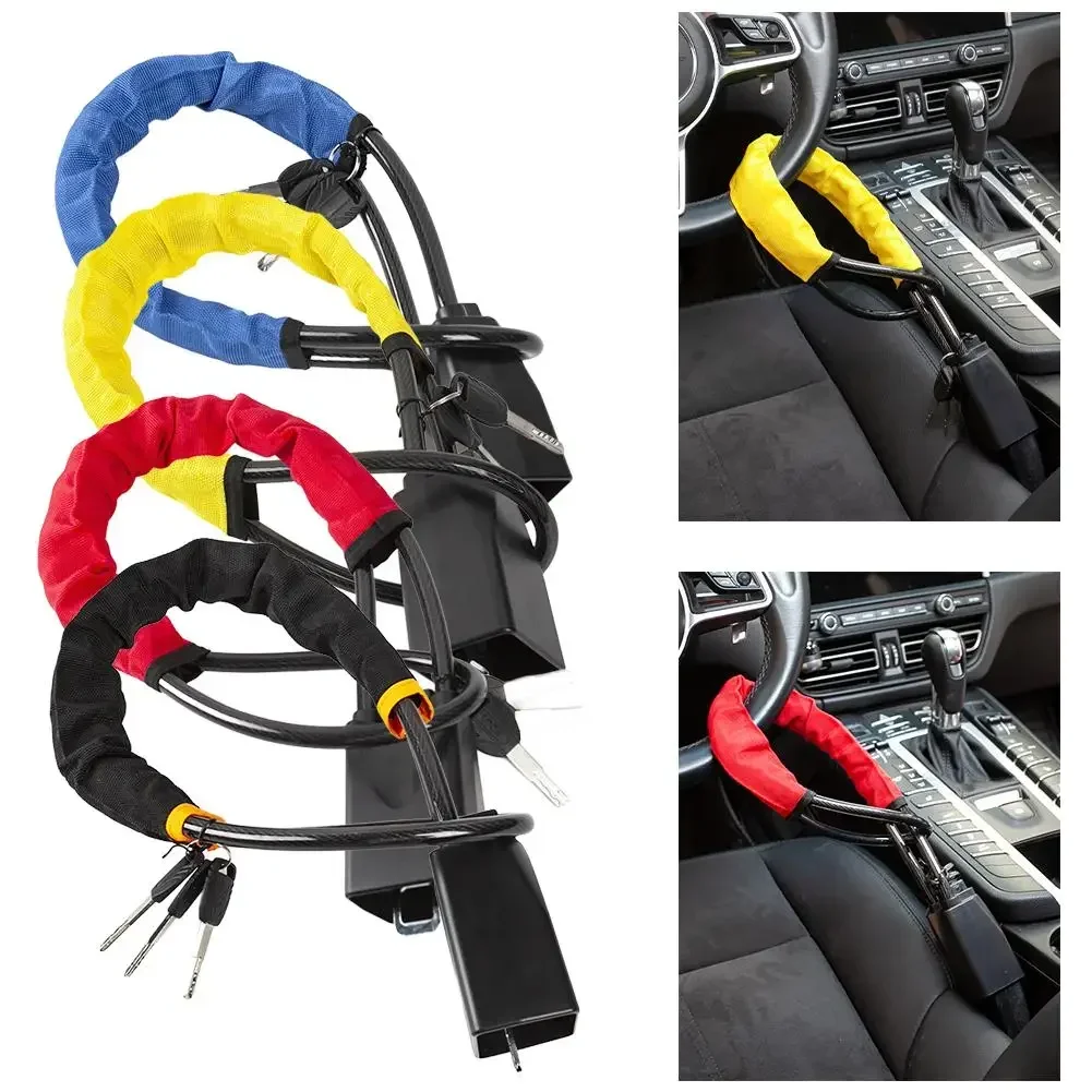 Universal Car Steering Wheel Lock with Seat Belt Socket and Steel Cable - Anti-Theft Protection Device with 3 Keys