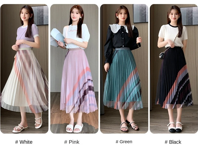 

Rainbow Fairy Drop Pleated Mesh Half Skirt Summer New Elastic High Waist Fresh Sweet Thin Fashion Big Swing Midi Half Skirt