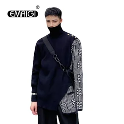 Winter Men Thicken Splice Bandage Pullover Turtleneck Sweater Man Harajuku Streetwear Fashion Casual Sweater Knitwear
