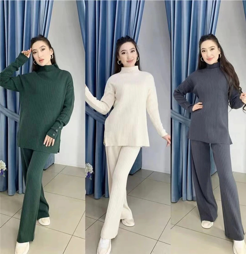 Women Spring Autumn Knitted 2 Piece Set Casual Tracksuit Long Sleeve Sweater And Wide Leg Jogging Pants Pullover Suits pant suits for older ladies