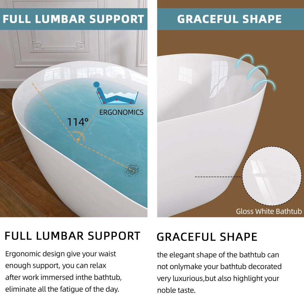 51 Inch Contemporary Acrylic Freestanding White Bathtub-Soaking with Overflow and Pop-up Drain, Glossy Finish