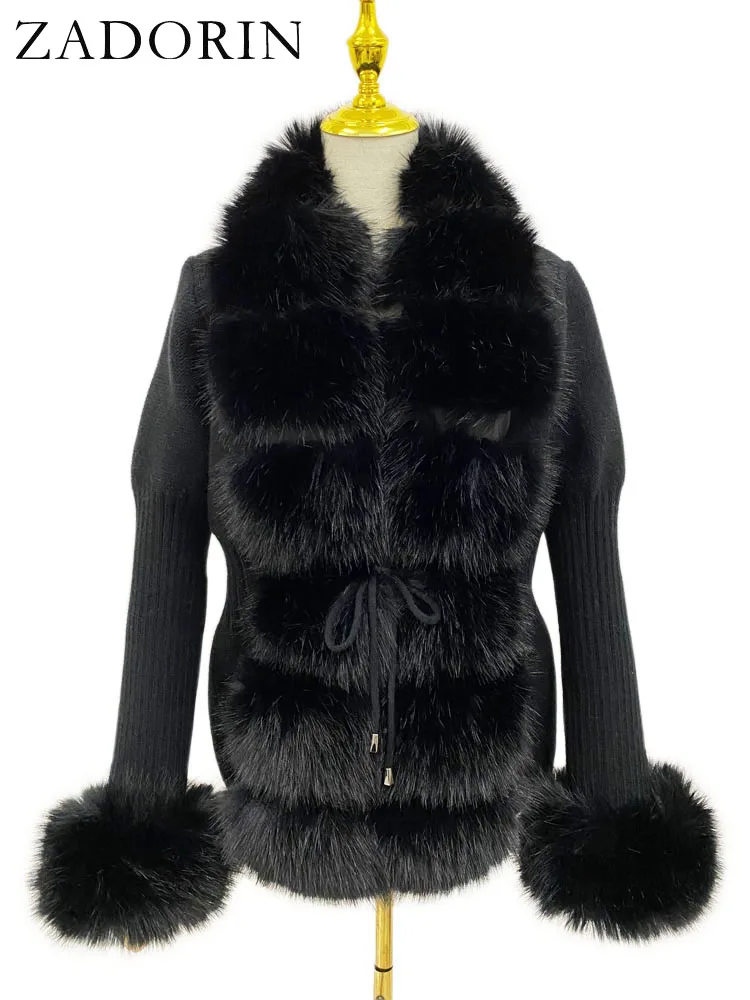 ZADORIN Luxury Fur Cardigan Knit Winter Sweater Women Elegant Detachable Fur Belt White Pink Black Womens Cardigan Korea Style 4