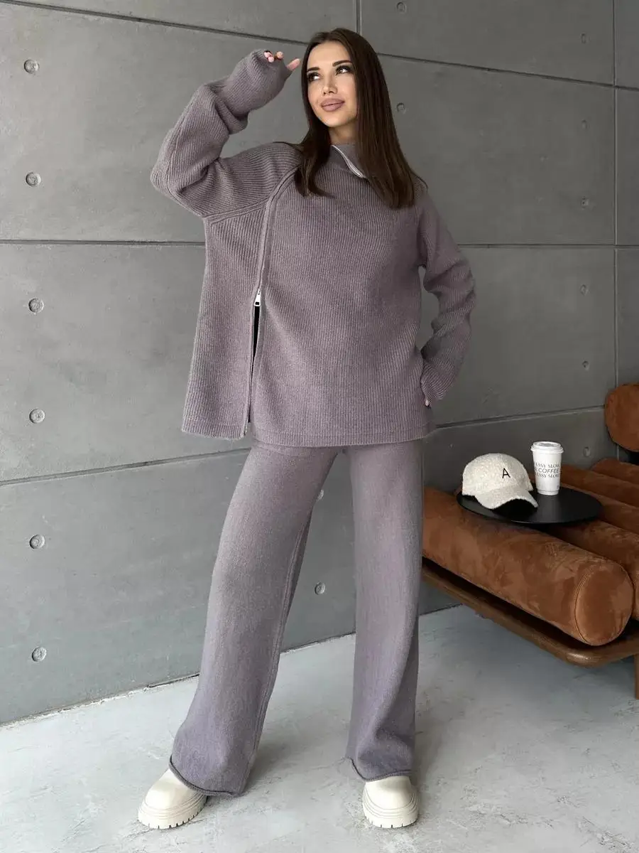 Knit Zipper Women's Pants Sets For Women Slim Lapel Long Sleeve Pullover And Patchwork Straight Legg 2 Piece-Set Winter