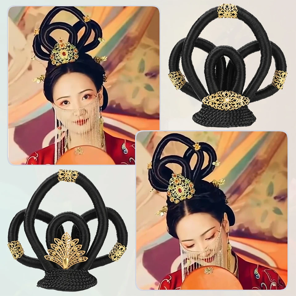 Hanfu 가발 헤어 클립 중국 고대 요정 가발과 헤어 번들 일체형 시뇽들 둔황 댄스 공연 헤어 액세서리